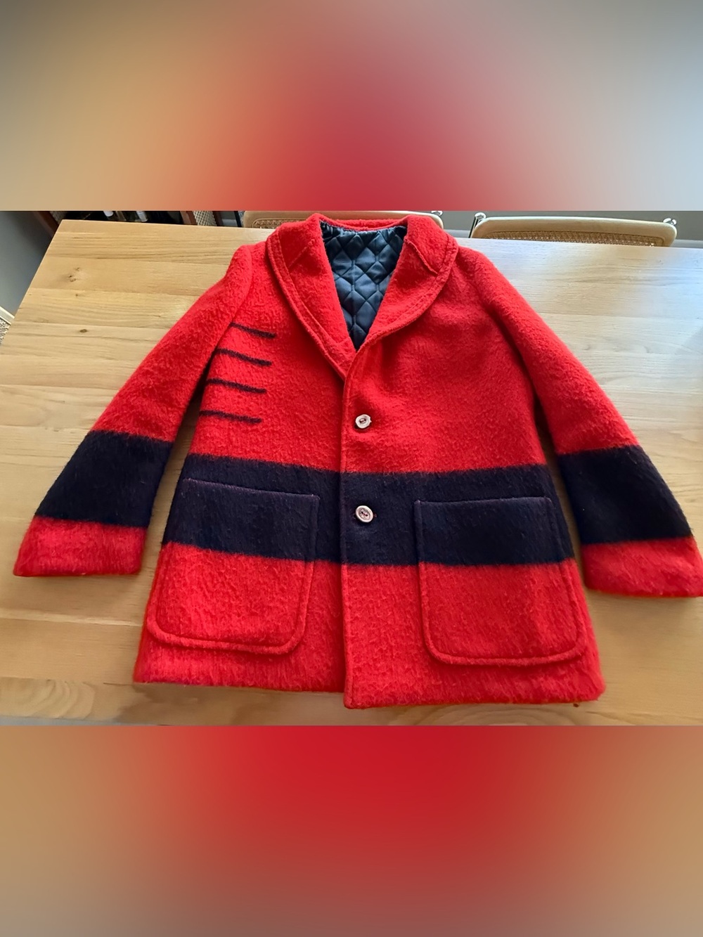Men's Red Wool-Blend Coat with Navy Accent